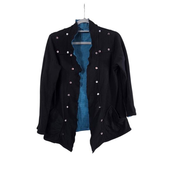 Parsley & Sage Reversible Aqua Blue Black Artsy Boho Knit Cardigan Size Medium - Picture 1 of 16